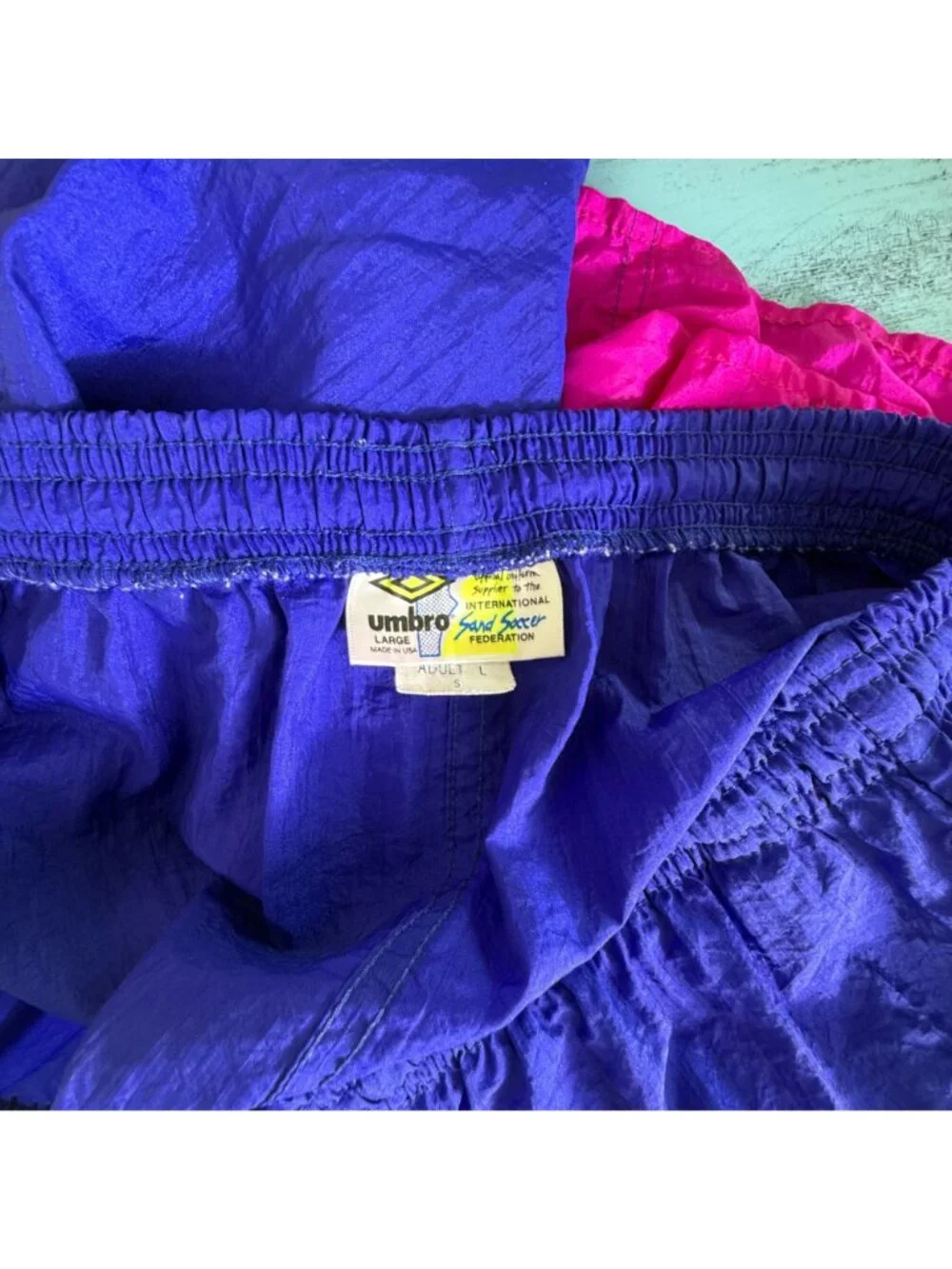Vintage 90s Umbro Colorblock Nylon Soccer Shorts Blue Purple Split USA Sz L